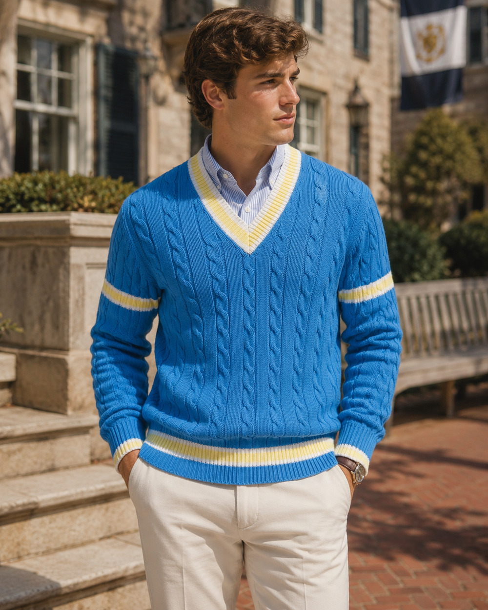 Vintage 80s Preppy Tennis Sweater Old Money Catalina Arthur Ashe V Blue Large